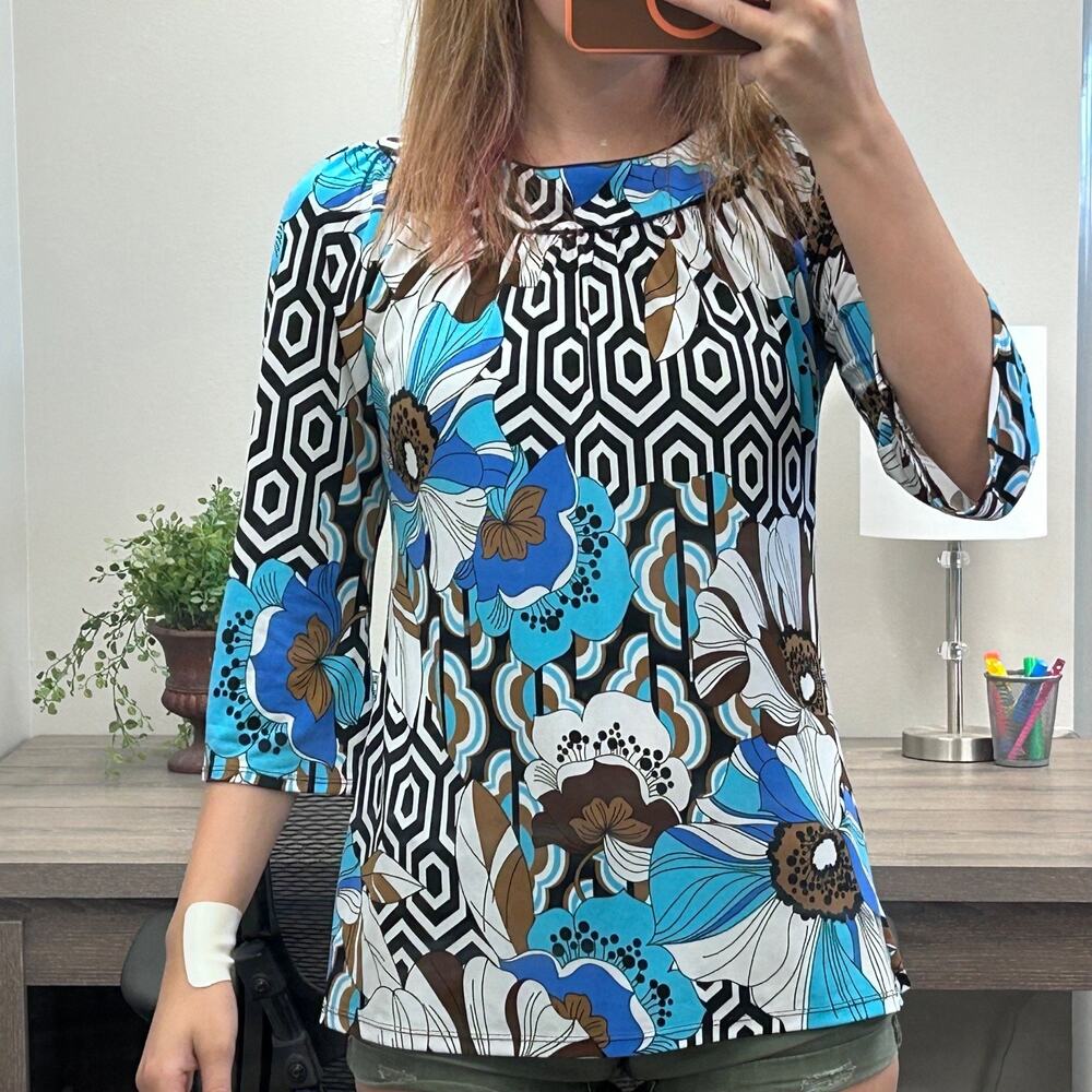 Serenade New York Abstract Print Blouse Black Brown Blue Medium EUC